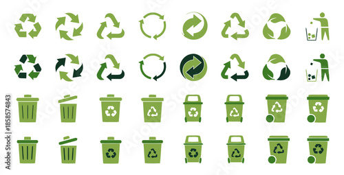 Green Recycling Icon Collection Various Sustainable Trash Icons Recycling Bin Icons and Throw Away Trash Icons on White Background Flat Style Recycle Logo Vector Design Illustration