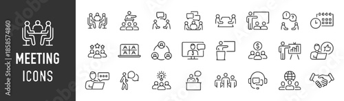 Group of Meeting Icons for Collaboration and Discussion Business Teams, Including Tables, Presentations, Conversations, and Handshakes in a Clean Black Outline Style