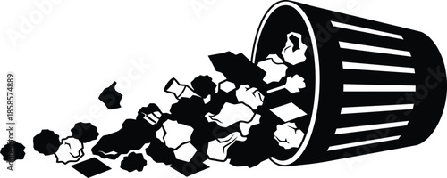 Overturned garbage can spilling out crumpled papers and waste symbolizing mess and disorganization