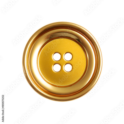 Single golden button with four holes isolated on transparent background