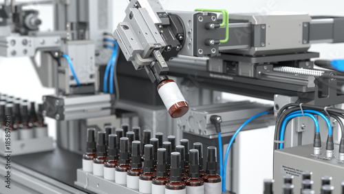Automatic medicine production line: a robotic arm with pneumatic grippers sorts glass vials on a high-speed conveyor system. 3D render
