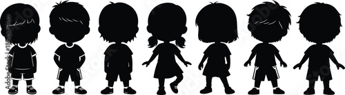 Vector Illustration of Children Silhouette Set, Featuring Seven Cute Little Boys and Girls for Childhood, Education, Playtime, and School Youth Graphic Concepts