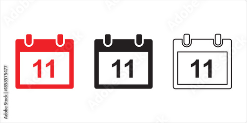 Calendar Icon Trio: A clean and modern set of calendar icons, showcasing the eleventh day, rendered in red, black, and outline styles, symbolizing appointments and deadlines.