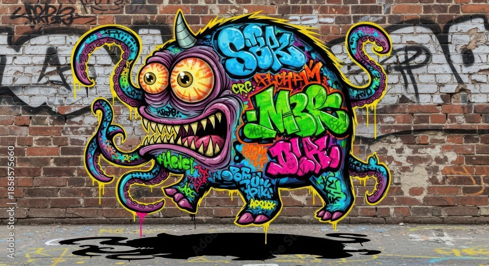 Obraz premium Vivid cartoon monster with integrated typography painted onto a weathered brick wall