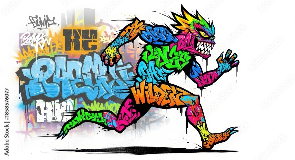 Obraz premium Dynamic illustration of a vibrant, monstrous figure composed of lettering running against a stylized graffiti backdrop