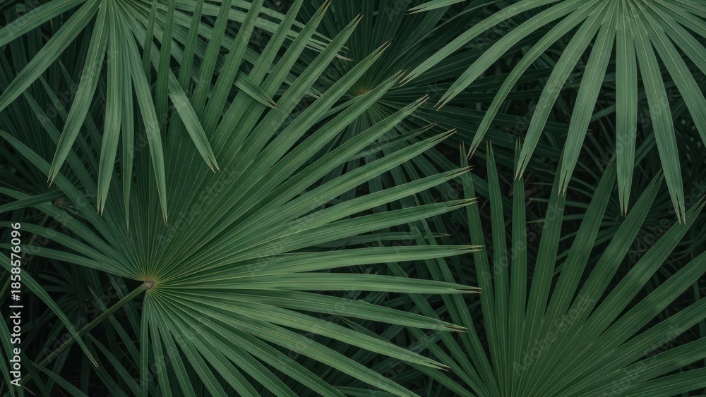 Obraz premium Overhead view of dark green fan palm leaves, creating a textured natural pattern