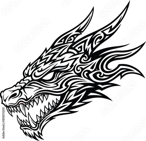 Powerful mythical dragon head illustration in a stylized tribal art tattoo design, featuring sharp teeth and intricate patterns, suitable for emblems or graphic motifs
