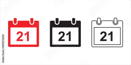 Calendar Icon Variety: Three distinct calendar icons showcase the number 21, each with a unique design and color palette. This set emphasizes the versatility and adaptability of scheduling.