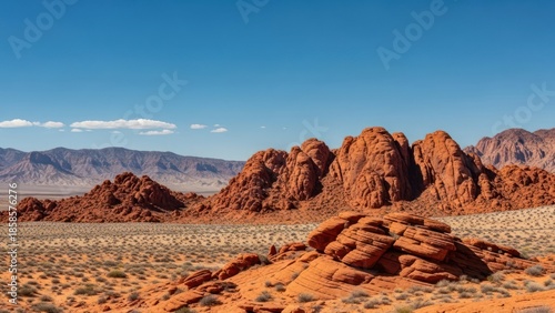 Panoramic desert vista featuring red rock formations under a brilliant, cloudless, blue sky