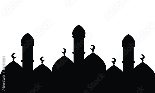 Islamic mosque silhouette skyline with crescent moon and minarets