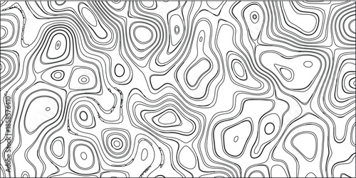 Black and white topographic contour map pattern with organic, irregular lines and closed loops representing elevation changes and abstract natural forms