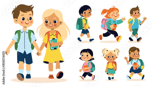 Children go to school with backpacks.Back to school theme.Happy girls and boys go to school.Vector cartoon flat illustration