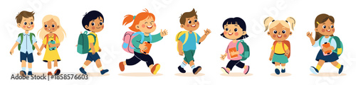 Children go to school with backpacks.Back to school theme.Happy girls and boys go to school.Vector cartoon flat illustration