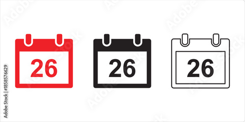Calendar Page with number 26: A minimalist depiction of a calendar page showcases the number 26, symbolizing a specific date or event, presented in three different styles.