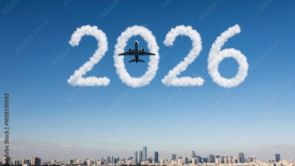 Naklejka premium Plane flies through clouds shaped as '2026' above a city skyline