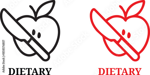 Two apple with knife icons dietary concept black and red silhouette