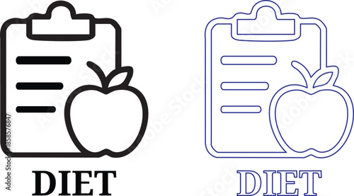 Diet plan with apple and clipboard icon black and blue outline silhouette