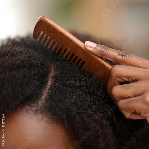 Close-up of Hand Combing Curly Afro Hair with Wooden Comb