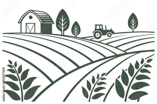 Stylized farm landscape with barn and tractor tilling fields on a dark, green background
