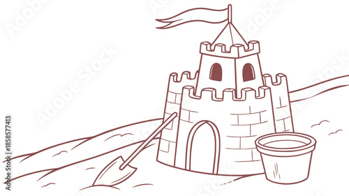 Whimsical storybook style vector illustration of a sandcastle with a shovel and bucket on a beach.