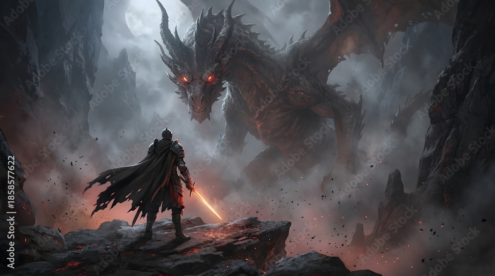Naklejka premium Brave warrior standing against giant dragon in dark fantasy landscape