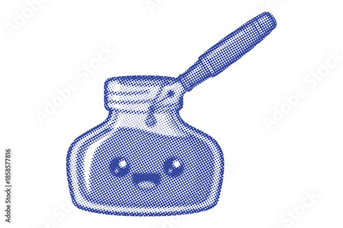 Collage Kawaii halftone ink bottle with pen Vector