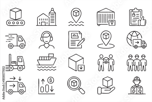 Warehouse and Distribution Line Icons for Logistics Platforms