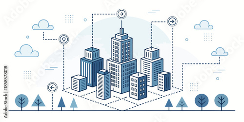 Business strategy illustration with an abstract city layout representing planning, growth, and organizational development structure.
