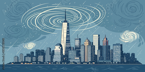 Conceptual illustration of business resilience and strength with a figure overlooking a metropolitan city during a sunset.