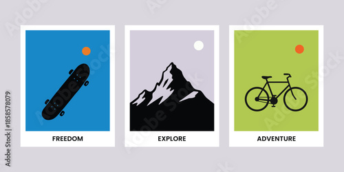 Outdoor Adventure Elements Set with Skateboard, Mountain, and Bicycle for Poster Illustration