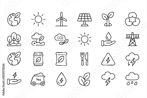 Climate Action and Clean Energy Line Icons for UI Systems