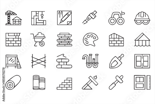 Architecture and Construction Workflow Line Icons for Interfaces
