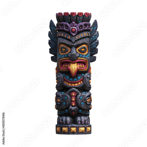 Vibrant ancient tribal totem pole illustration, a powerful symbol of indigenous heritage and mystical cultural legacy