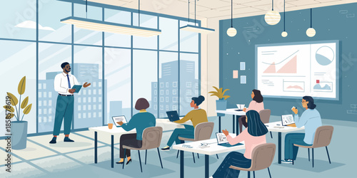 Corporate training session illustration featuring a professional workshop with a speaker presenting to a diverse audience.