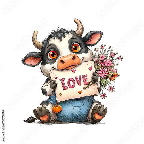 cartoon cow holding bouquet and sign with love word transparent background