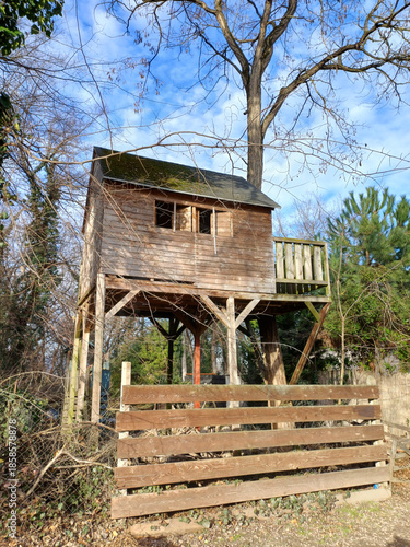Wooden treehouse hidden among trees