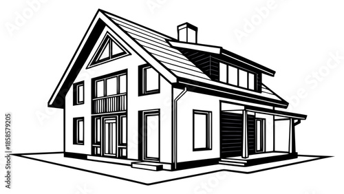 Elegant Dwelling: A stunning monochromatic architectural rendering of a contemporary residence, showcasing refined design elements and a harmonious facade.