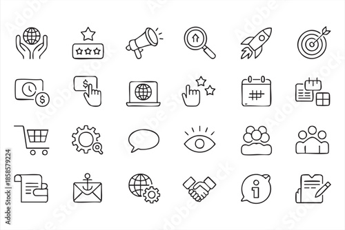 Business Promotion Line Icons for Digital Marketing Platforms
