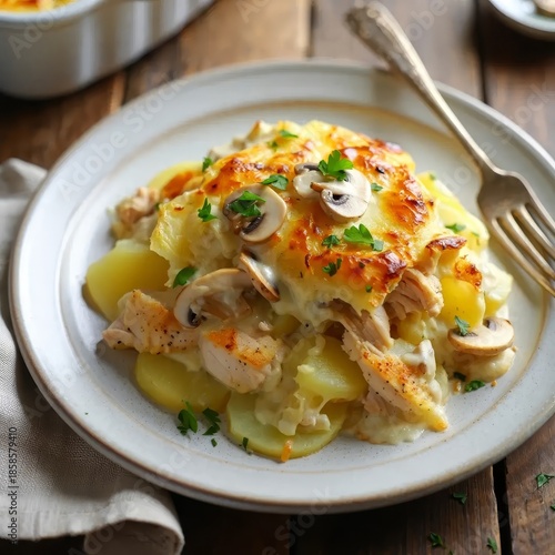 Baked chicken and mushroom julienne with melted cheese served in a ceramic dish. Comfort food concept for restaurant menu, home cooking, and food branding category.