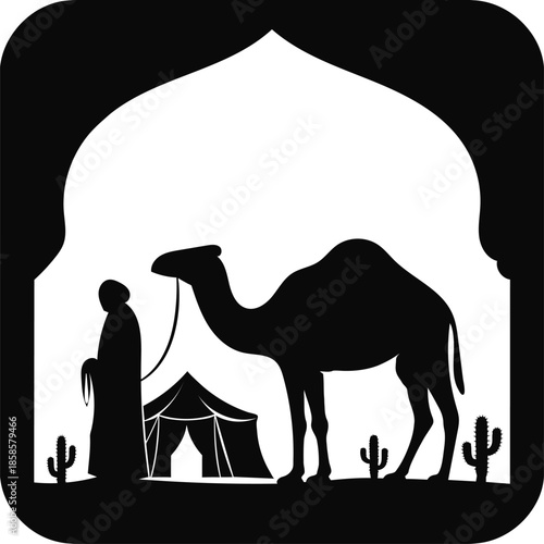  Camel handler standing near traditional desert tent silhouette

