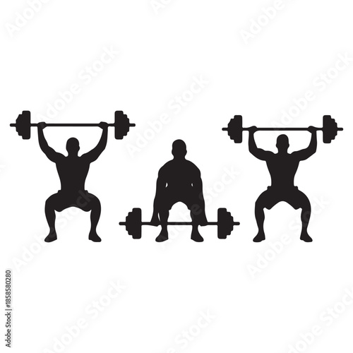 Silhouettes of athletes performing weightlifting exercises with barbells