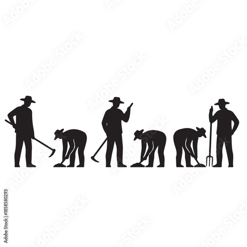 Silhouettes of farmers working in a field, illustrating agricultural labor and growth.