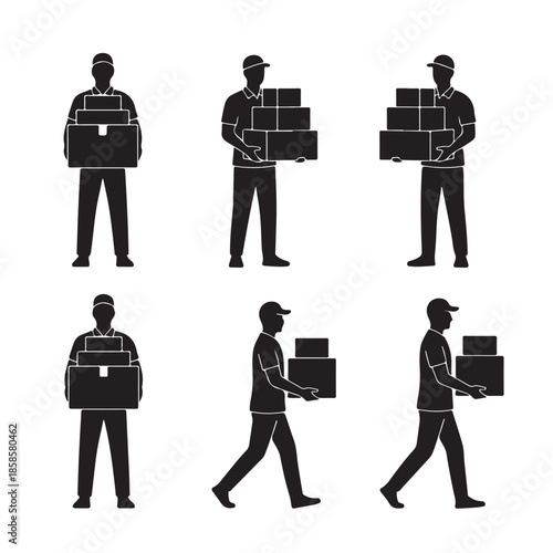 Delivery person silhouettes carrying boxes in various poses, representing logistics and service