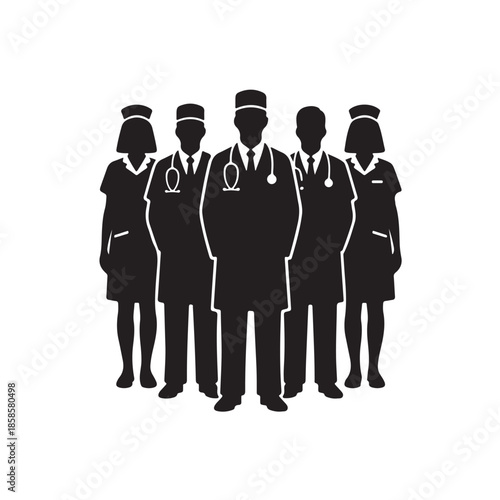 Diverse medical team standing together, representing healthcare professionals united in service