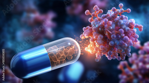 Enzyme inhibition mechanism visualization, molecular drug interaction in capsule design, pharmaceutical action, protein blocking, therapeutic concept, with copy space