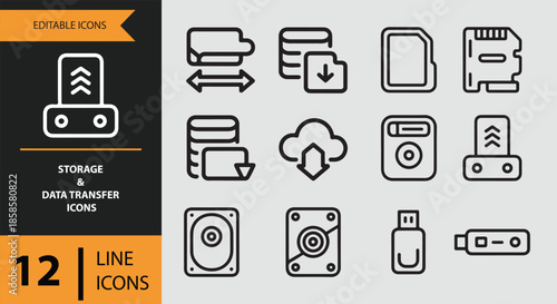 Collection of 12 line icons for digital data storage and transfer solutions