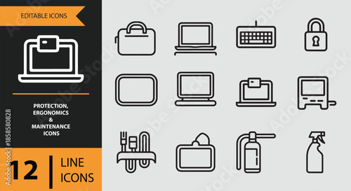 Collection of line icons for computer protection, ergonomics, and maintenance equipment