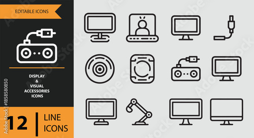 A comprehensive set of 12 line icons for various display and visual accessories