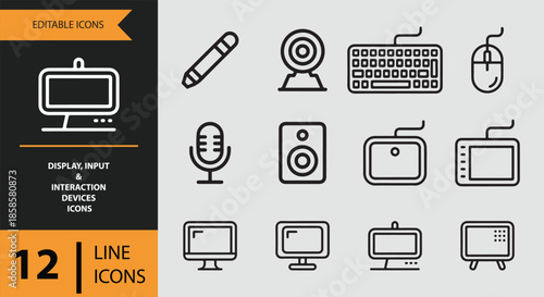 A comprehensive set of line icons for various display, input, and interaction devices
