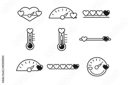 Heart-themed UI elements for measuring or indicating love, passion, or relationship status